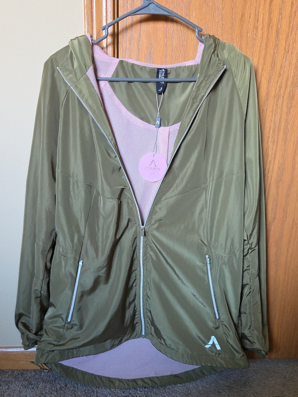 Athletic Collection Womens Zip Up Olive Green  Jacket with Pink Lining